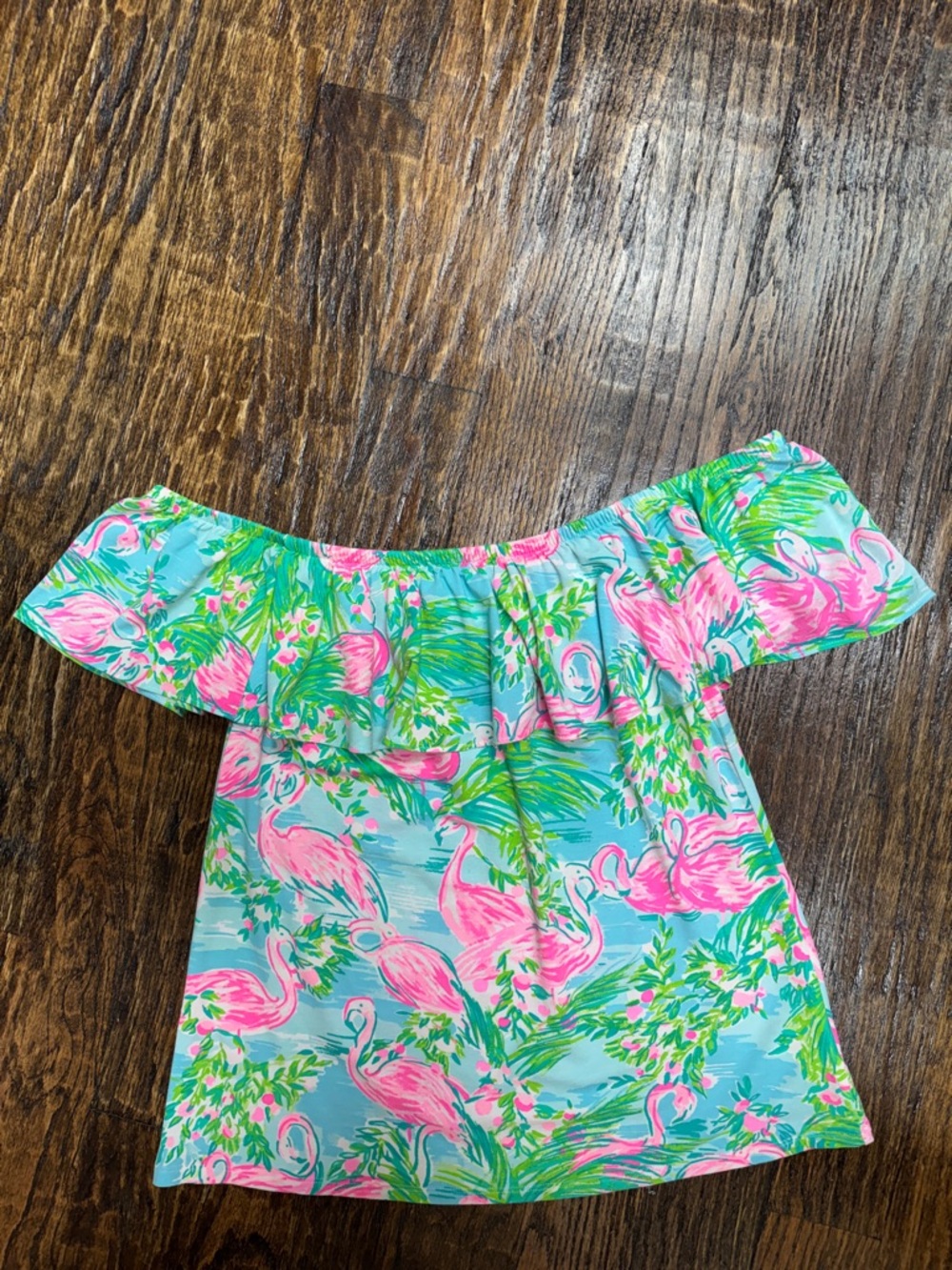 Lilly Pulitzer Off-Shoulder Flamingo Print Top in Aqua & Pink